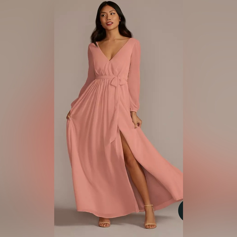 David’s Bridal Long Sleeve Chiffon Dress with Slit - Coral - NWT - 26W